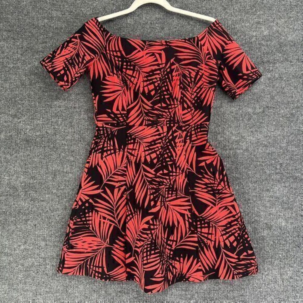 Zara Woman Dress Womens Small Coral Black Tropical Print Fit Flare Off Shoulder